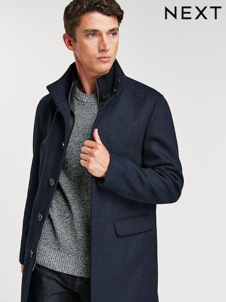 Navy Blue Wool Blend Mock Gilet Herringbone Padded Coat (249158) | €117