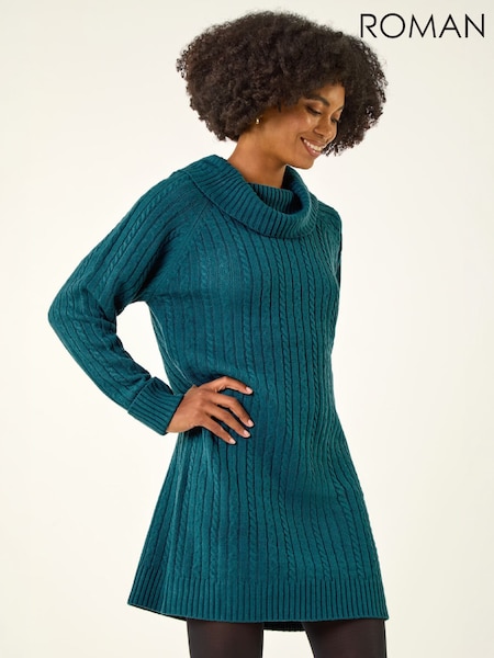 Azul verdoso - Vestido jersey de punto con cuello vuelto Roman