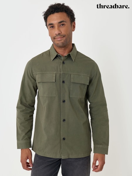 أخضر - Regular Threadbare Cotton Patch Pocket Shacket