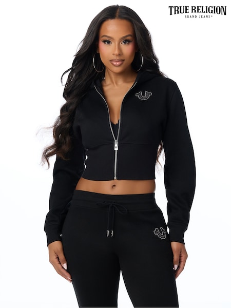 أسود - True Religion Studded High Waistband Zip Up Hoodie