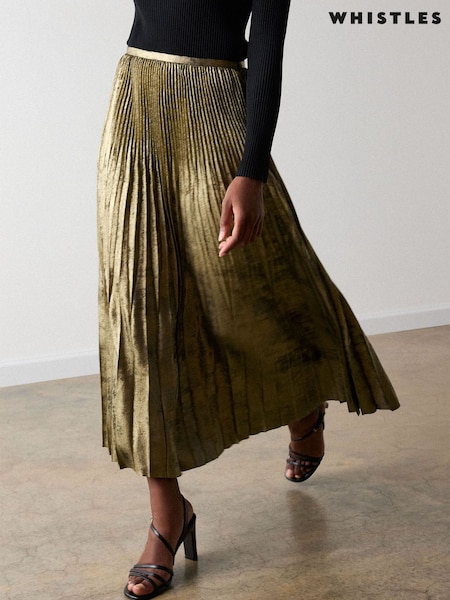 Gold - Whistles Metallic Pleated Midi Skirt