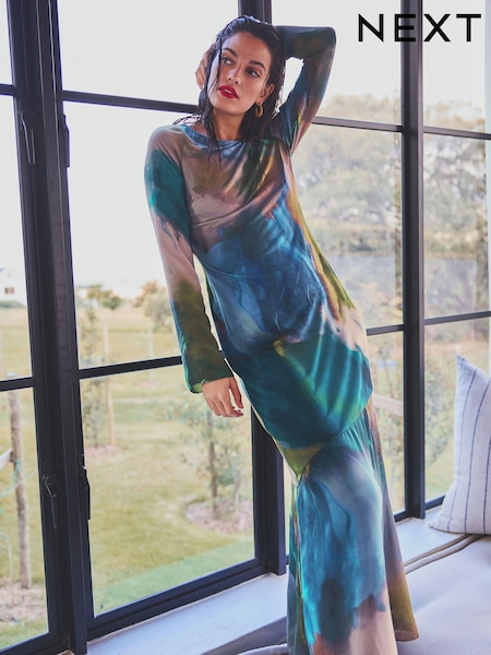 Blau/Abstrakter Digitalprint - Long Sleeve Column Maxi Dress (250744) | 6 €