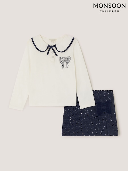 Sininen - Monsoon Bow Long Sleeve Top & Skorts Set