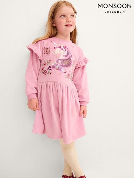 Pink - Monsoon Unicorn Embellished Velour Dress
