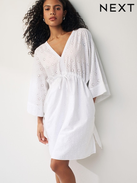 Alb cu broderie - Rochie mini tip caftan (251114) | 151 LEI