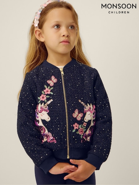 Azul - Chaqueta bomber tejida con lentejuelas y unicornios de Monsoon