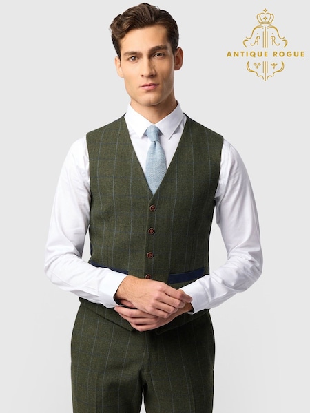 Zeleno - Regular Antique Rogue Slim Fit Hooper And Check Tweed Waistcoat