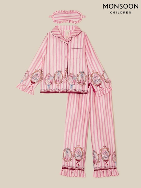 Pink - Monsoon Fairytale Stripe Satin Long Pyjamas & Sleep Mask Set