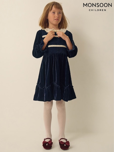 أزرق - Monsoon Pearl Smocked Velvet Dress