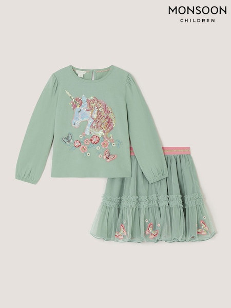 Green - Monsoon Sequin Unicorn Top & Skirts Set