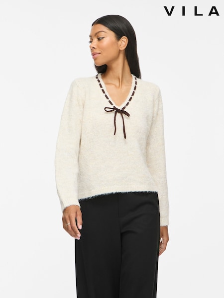 Brown - Vila V-neck Long Sleeve Bow Detail Knit Top