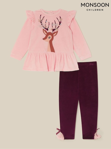 Pink - Monsoon Baby Embellished Deer Top & Leggings Set