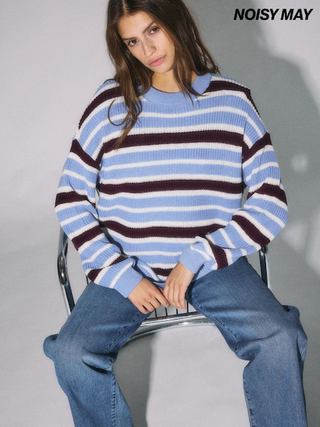 Blau - Noisy May Long-sleeve O-neck Striped Knit Jumper