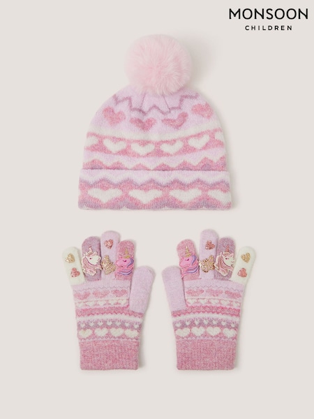 Lyserød - Monsoon Unicorn Bobble Hat & amp; Handsker sæt