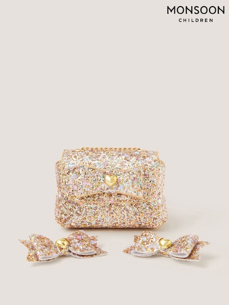 Gold - Monsoon Glitter Bow Bag & Hair Clips Set