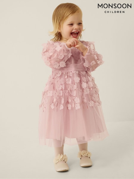 Pink - Monsoon Baby Oona Floral Appliqué Party Dress