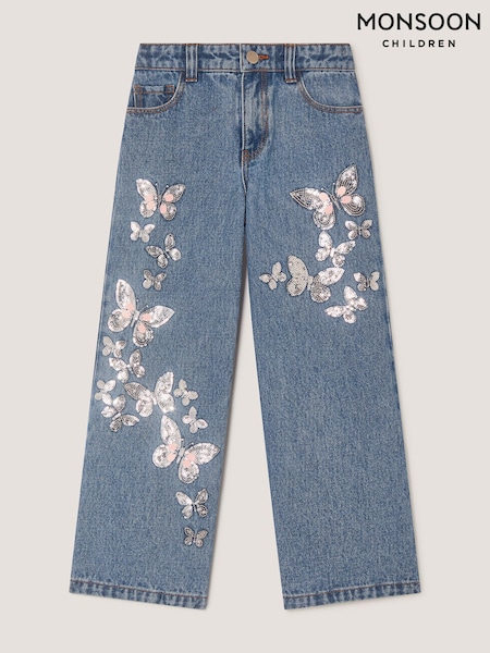 Blue - Monsoon Butterfly Sequin Wide Leg Jeans