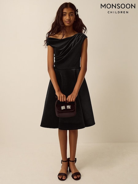 أسود - Monsoon One-shoulder Velvet Skater Dress