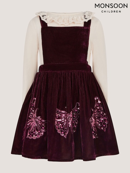 Red - Monsoon Long Sleeve Top & Velvet Pinafore Dress Set