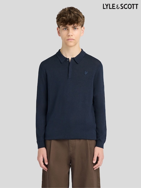 أزرق - Lyle & Scott Long Sleeve Knitted Polo Shirt