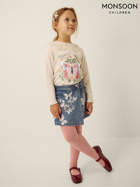 Blue - Monsoon Butterfly Sequin Denim Skort