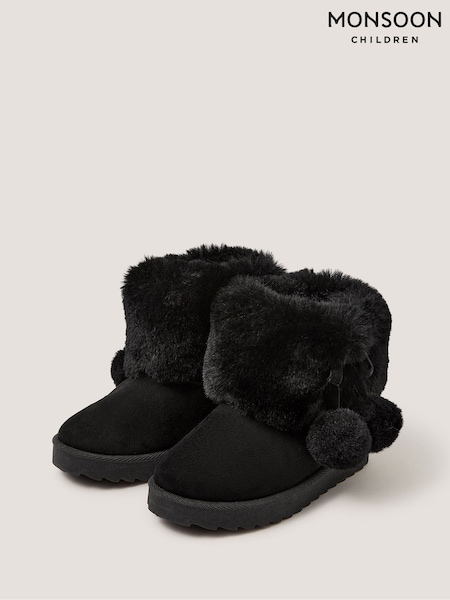Black - Monsoon Fluffy Pom Ankle Boots