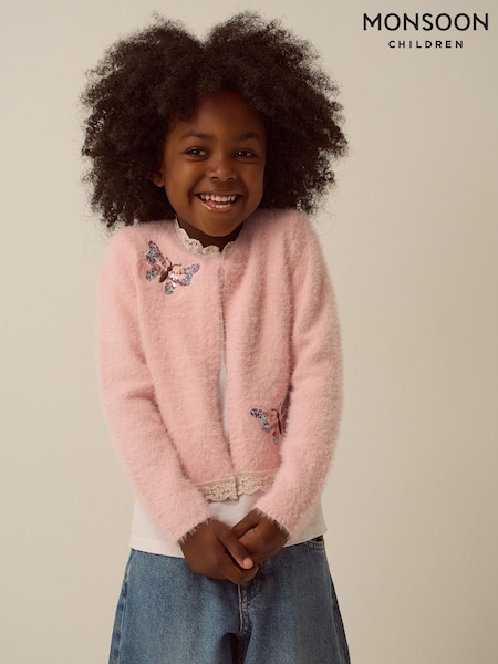Pink - Monsoon Sequin Butterfly Fluffy Cardigan