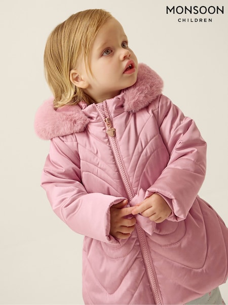 Pink - Monsoon Faux Fur Belted Bow Coat