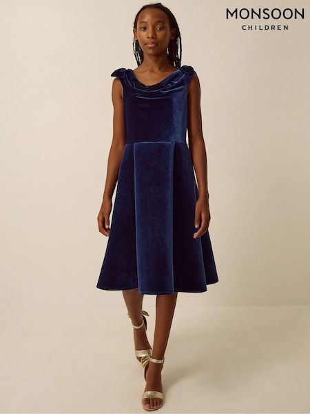 Blue - Monsoon Margot Drape Velvet Party Dress