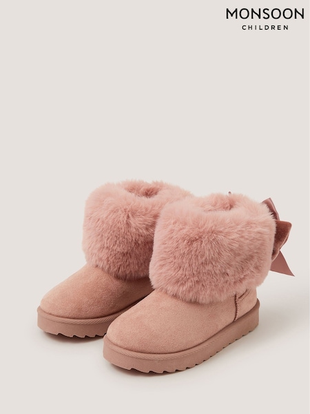Pink - Monsoon Velvet Bow Fluffy Ankle Boots