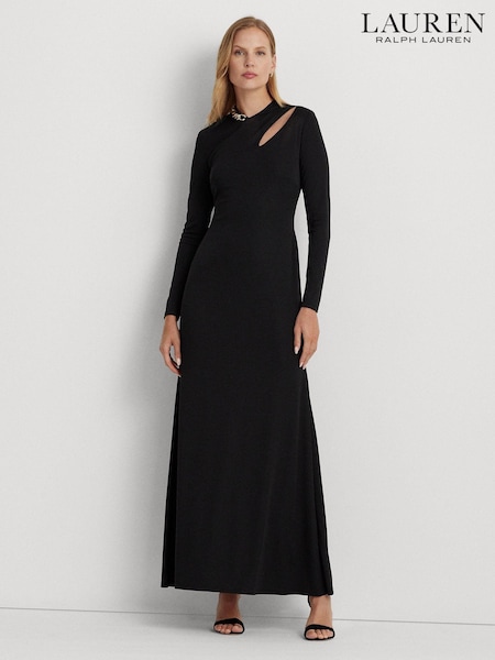 Lauren Ralph Lauren Chain Trim Jersey Long Sleeve Black Gown (252951) | €133