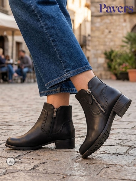 črna - Pavers Zip Fasten Brogue Trim Ankle Boots