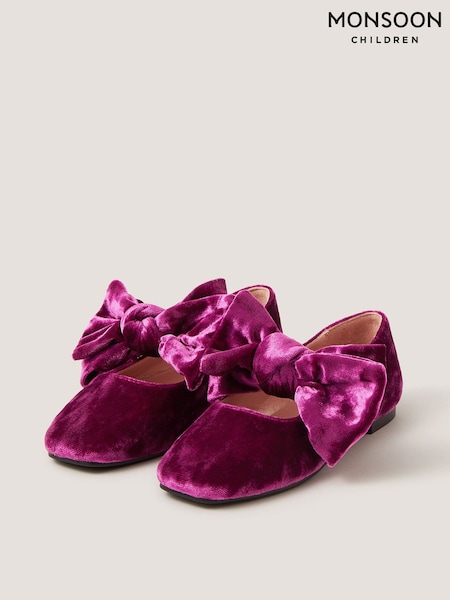 Purple - Monsoon Bow Strap Velvet Mary Jane Ballet Flats