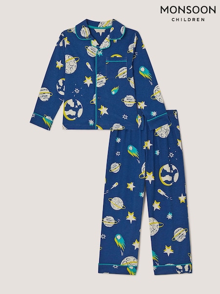 Blue - Monsoon Space Print Jersey Long Pyjamas Set