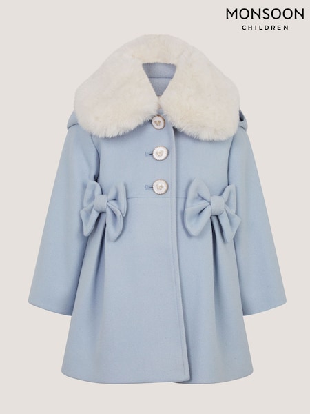 Blue - Monsoon Baby Bow Faux Fur Collar Coat