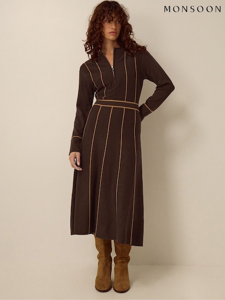 Brun - Monsoon Zola Stripe Strikket Midikjole
