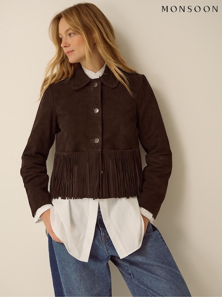 Brown - Monsoon Maude Fringe Suede Jacket