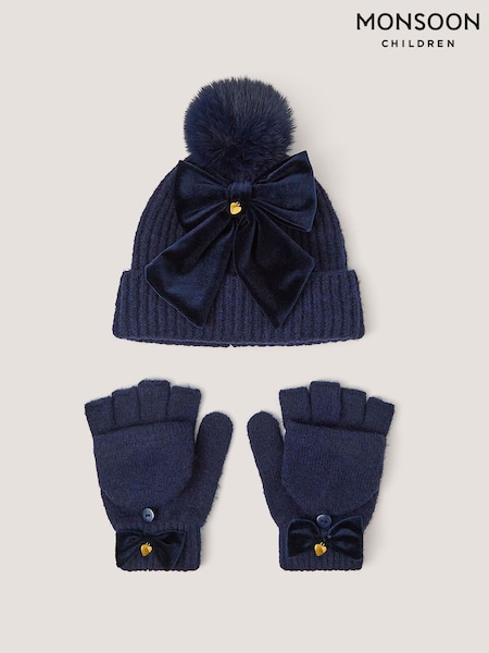 Blue - Monsoon Bow Bobble Hat & Gloves Set