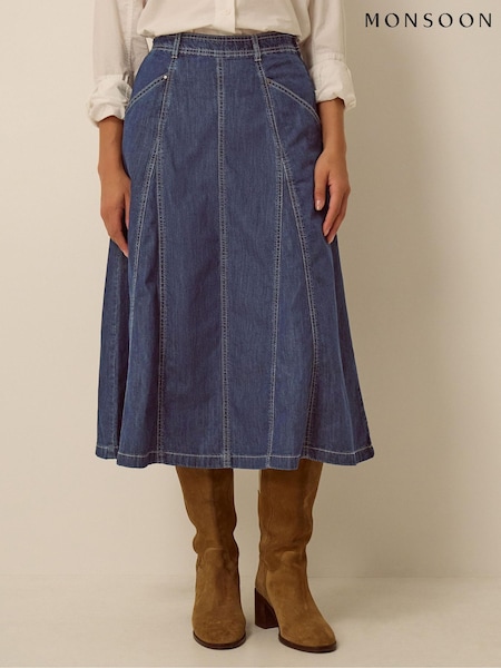 Blå - Monsoon Harper Godet Denim Midi Kjol