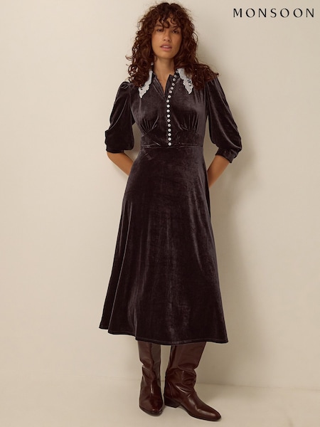 Brown - Monsoon Leith Lace Collar Velvet Midi Dress