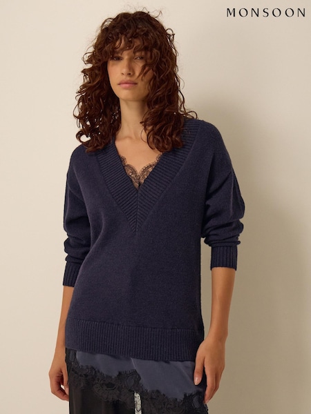 Blue - Monsoon Lilah Lace Trim Jumper