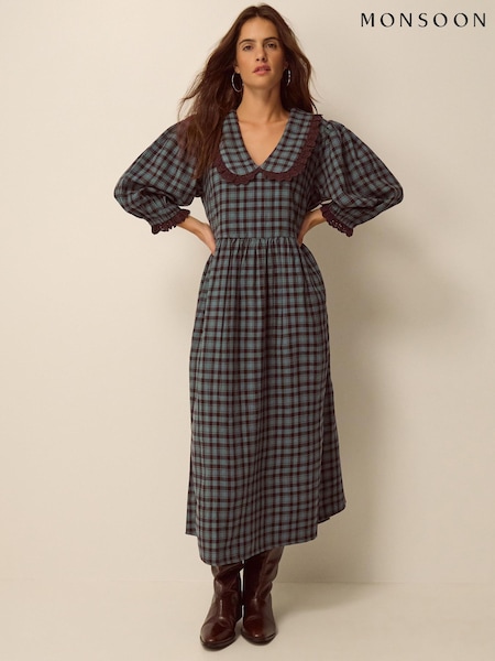 Blue - Monsoon Ruby Collar Check Print Midi Dress