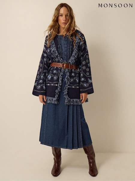 Blue - Monsoon Payton Paisley Fringe Cardigan