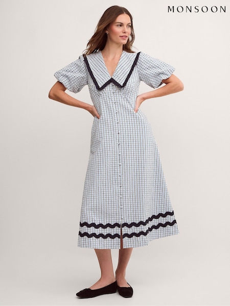 Көк - Monsoon Riley Puff Sleeve Check Print Midi Dress