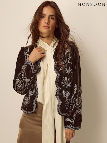 Brown - Monsoon Julia Embellished Velvet Jacket