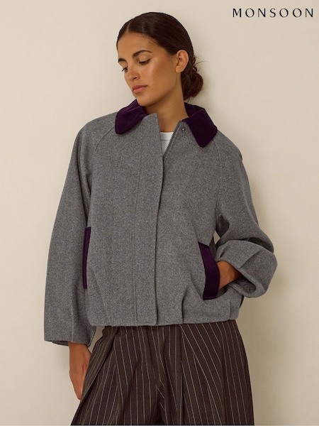 Grau - Monsoon Jess Velvet Trim Bomber Jacket