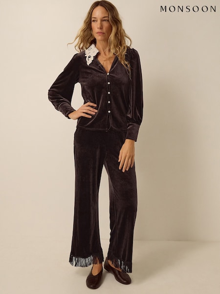 Brown - Monsoon Tami Tassel Trim Velvet Trousers