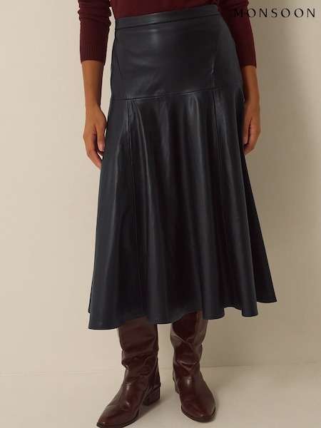 Black - Monsoon Dianne Faux Leather Midi Skirt