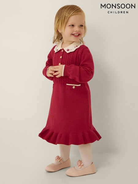 Red - Monsoon Baby Embroidered Cable Knit Dress