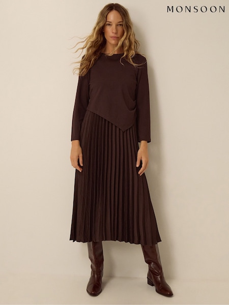 Brown - Monsoon Petra Jersey Pleated Midi Dress